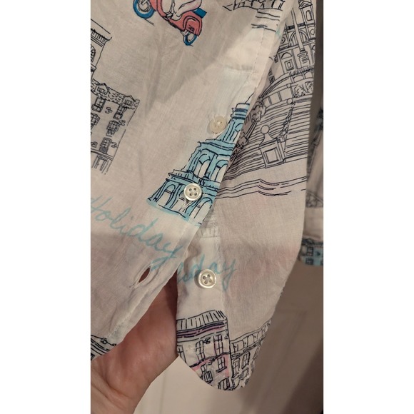Talbots XL Roman Holiday Popover Blouse Rome Italy Print Side Buttons Top - Picture 6 of 8